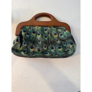 ALDO Peacock Print Clutch Wood Handle Statement Bag New With Tags